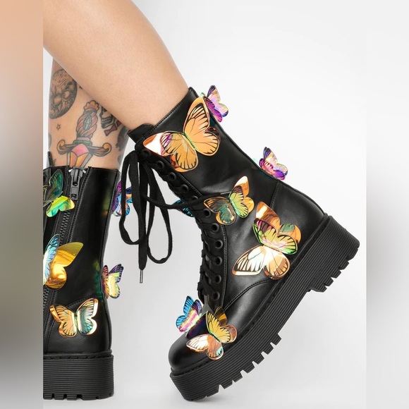 Dolls Kill Shoes - CLUB-EXX Holographic Butterfly Combat Boots Dolls Kill Women’s US 10